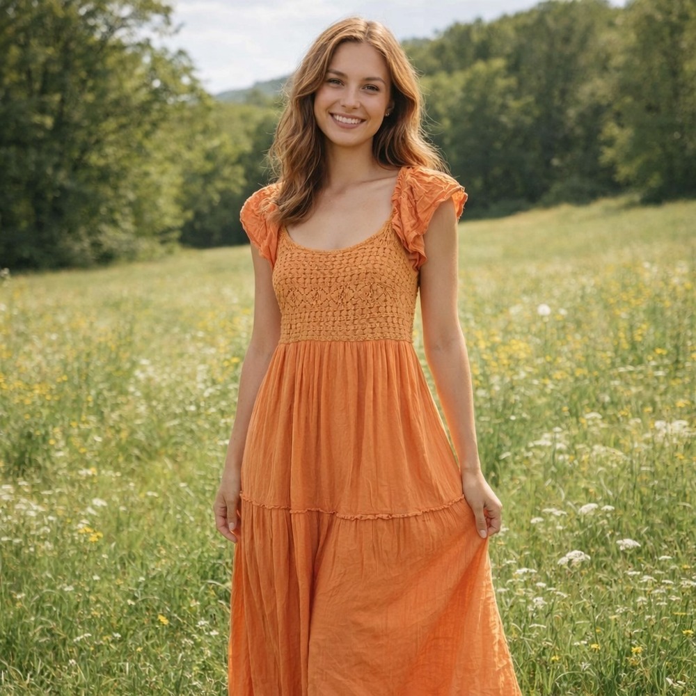 Sincerely Jules Orange Crochet Cottagecore Boho Milkmaid Midi Dress‎ Size Small
